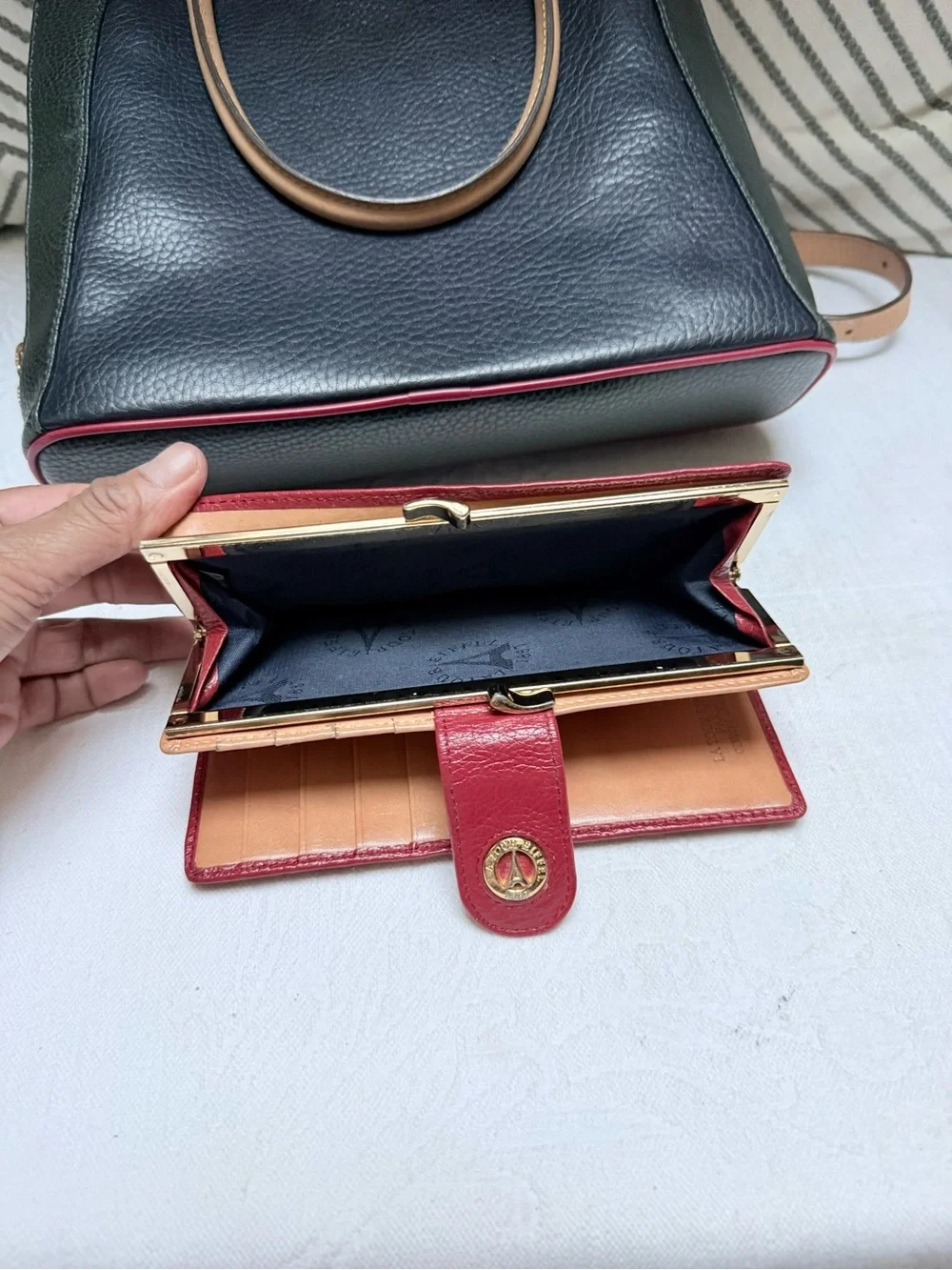 La Tour Eiffel Vintage  Tri Color Pebbled Leather Satchel with Matching Wallet